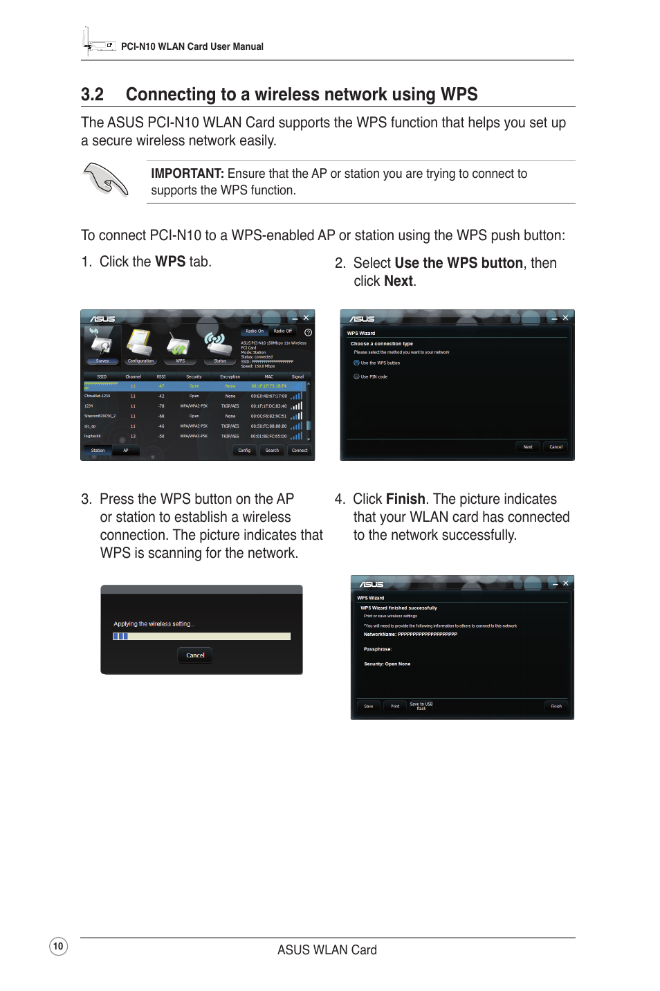 2 connecting to a wireless network using wps | Asus PCI-N10 User Manual | Page 13 / 34