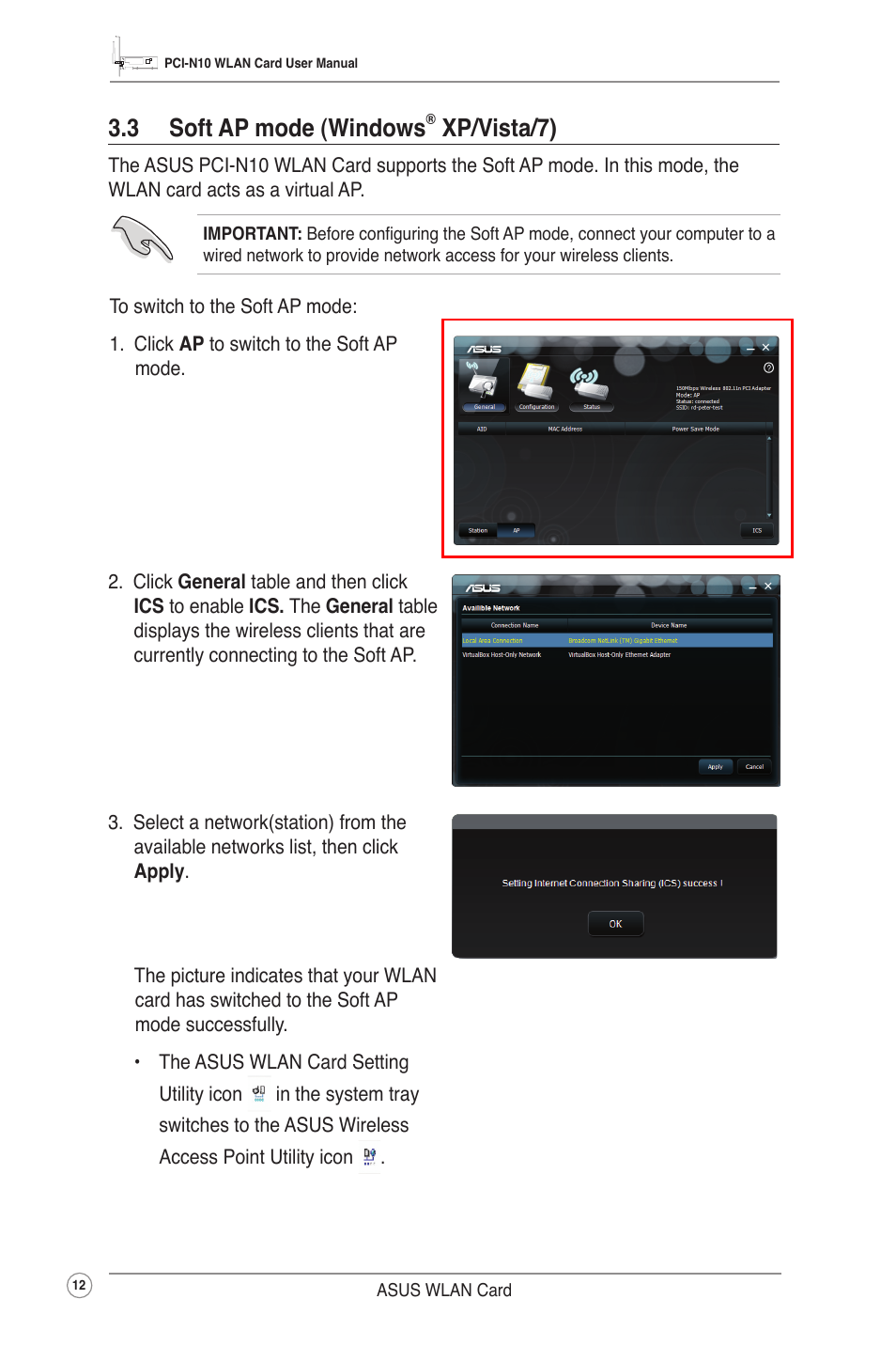 3 soft ap mode (windows® xp/vista/7), 3 soft ap mode (windows, Xp/vista/7) | Soft ap mode (windows | Asus PCI-N10 User Manual | Page 15 / 34