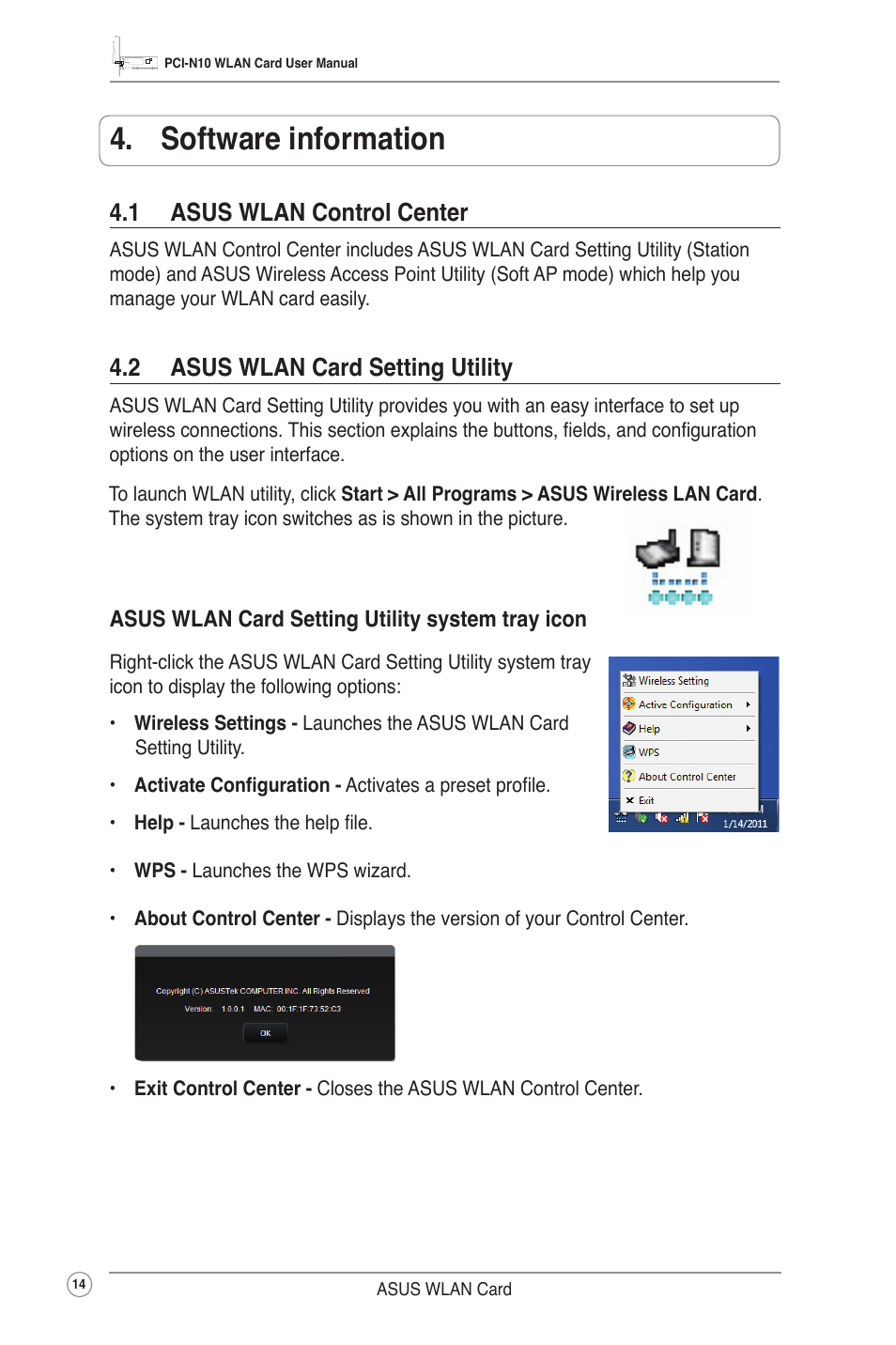 Software information, 1 asus wlan control center, 2 asus wlan card setting utility | Asus PCI-N10 User Manual | Page 17 / 34