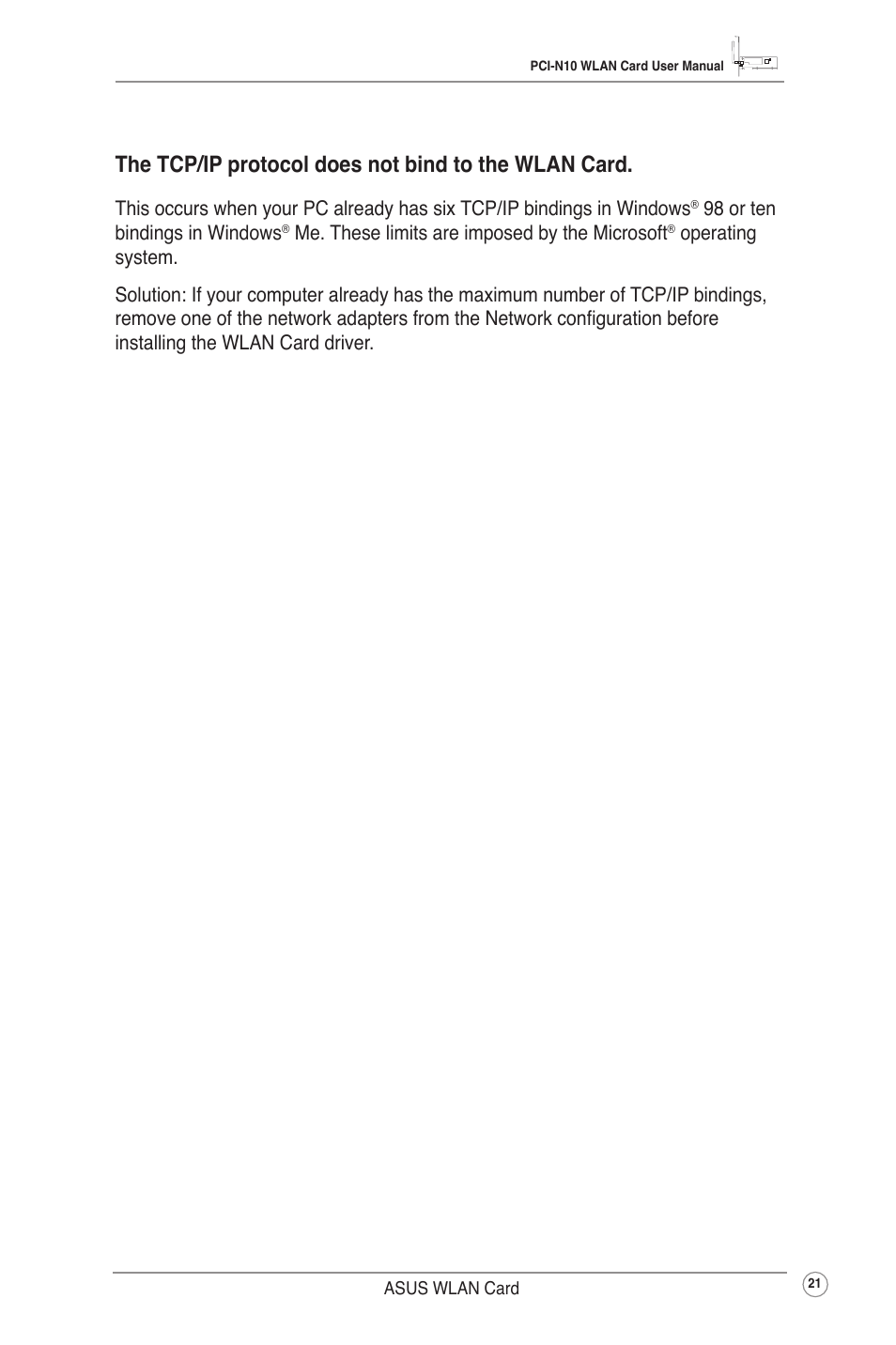 The tcp/ip protocol does not bind to the wlan card | Asus PCI-N10 User Manual | Page 24 / 34