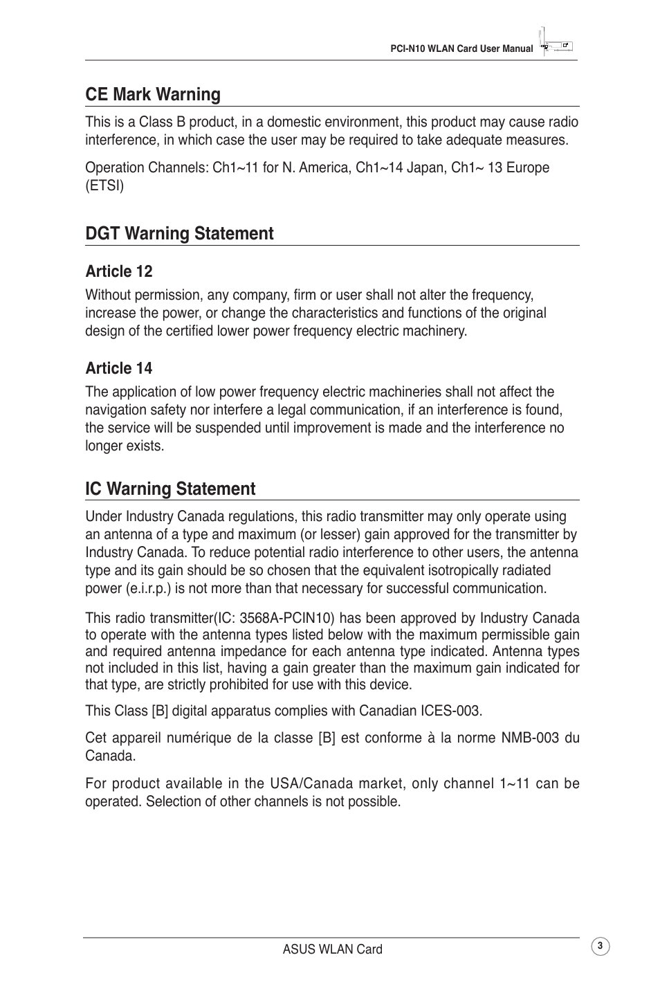 Ce mark warning, Dgt warning statement, Ic warning statement | Asus PCI-N10 User Manual | Page 6 / 34