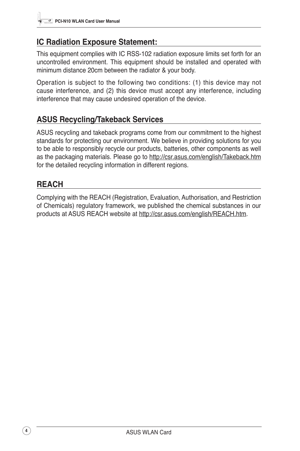 Ic radiation exposure statement, Asus recycling/takeback services, Reach | Asus PCI-N10 User Manual | Page 7 / 34