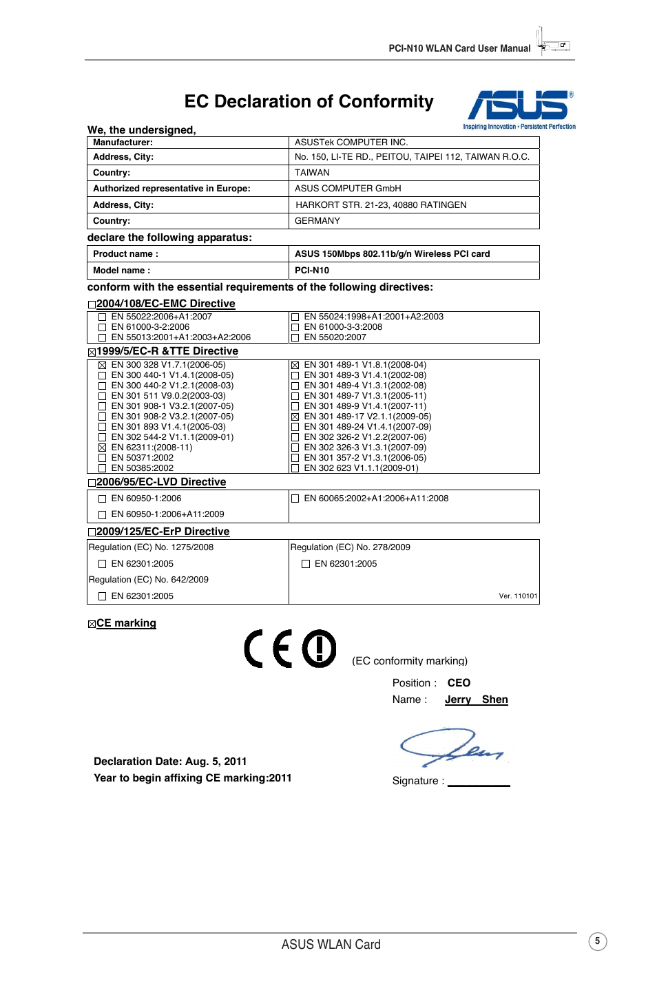 Ec declaration of conformity, Asus wlan card | Asus PCI-N10 User Manual | Page 8 / 34