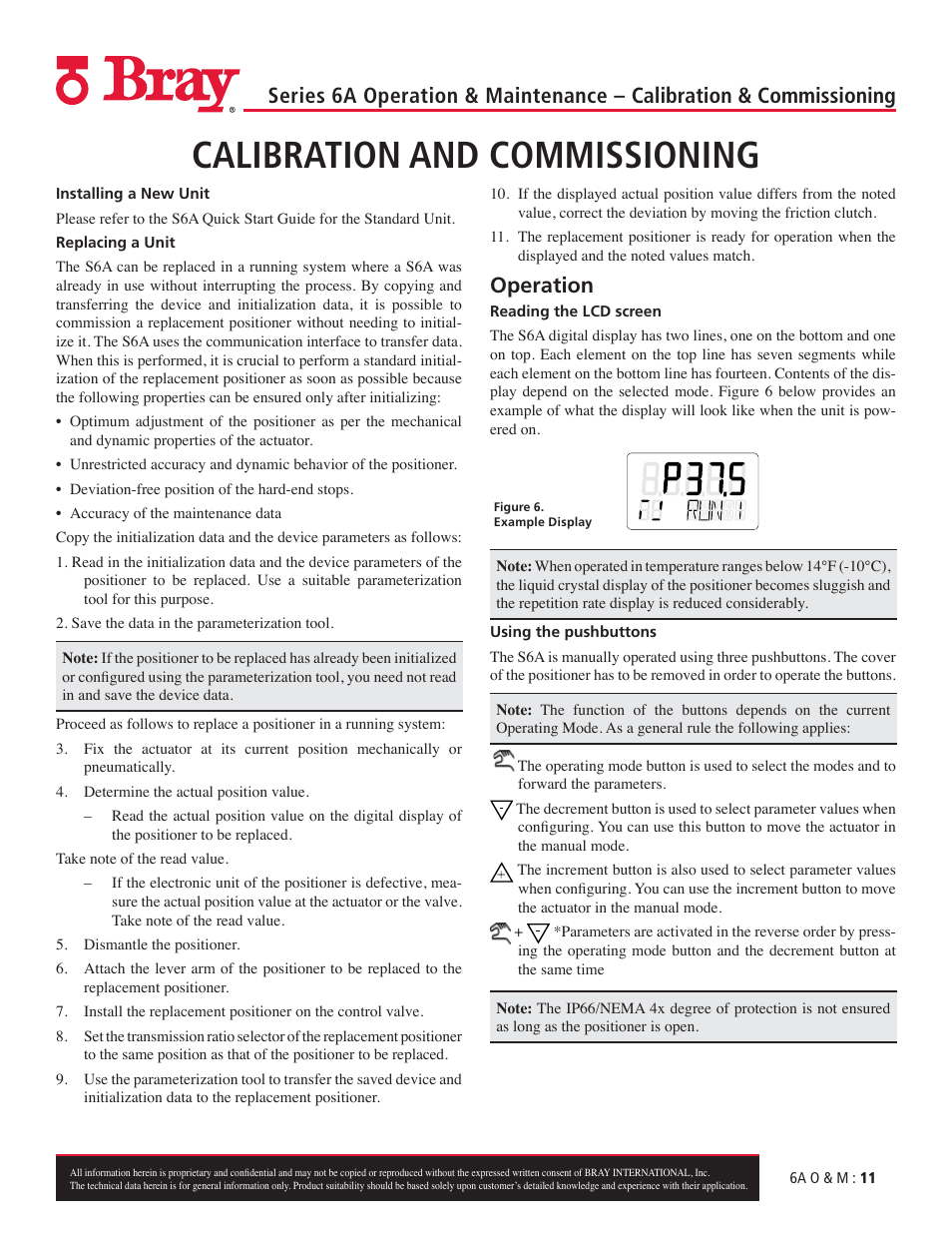 Calibration and commissioning, Operation | Bray 6A Series O&M Manual User Manual | Page 11 / 42