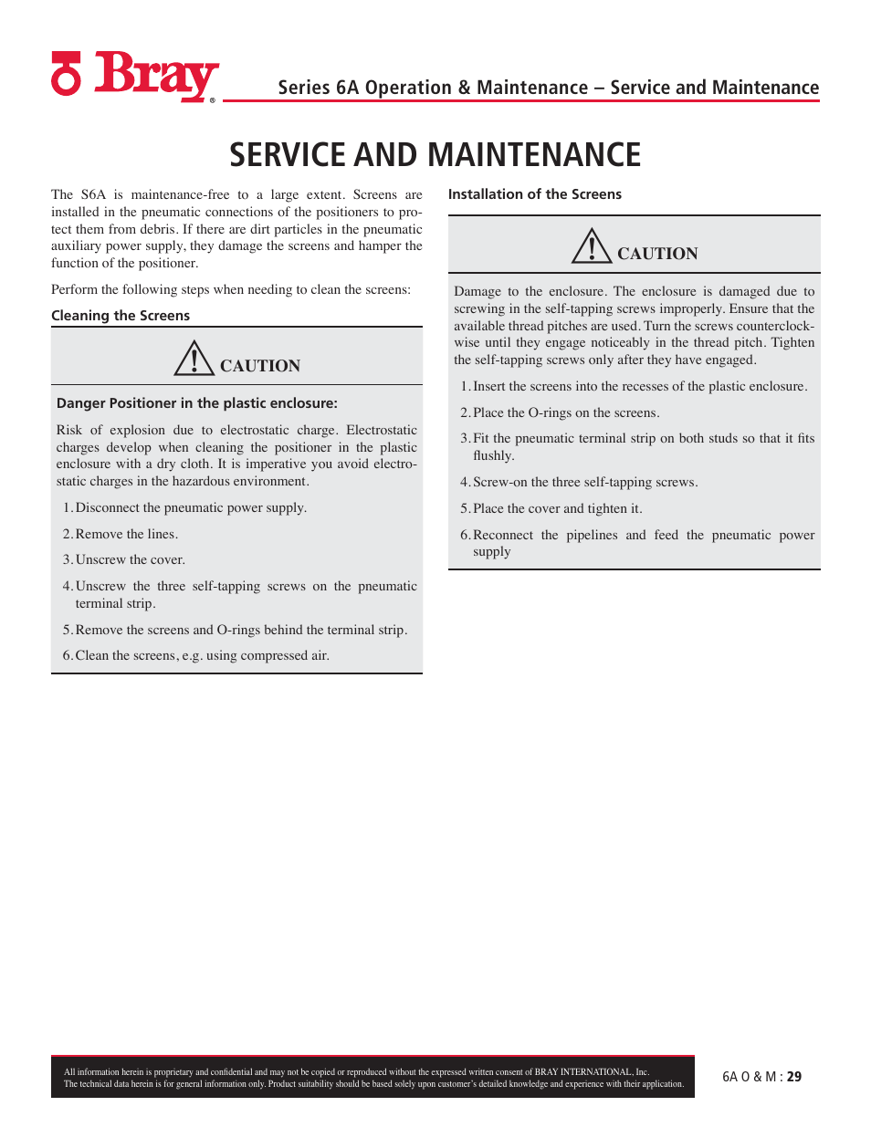 Service and maintenance | Bray 6A Series O&M Manual User Manual | Page 29 / 42