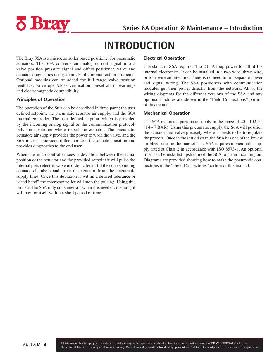 Introduction, Series 6a operation & maintenance – introduction | Bray 6A Series O&M Manual User Manual | Page 4 / 42