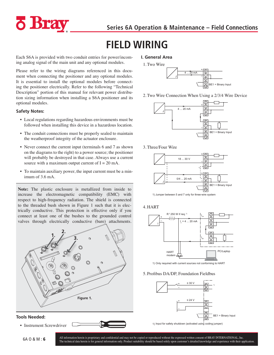 Field wiring, 6a o & m : 6, Two wire connection when using a 2/3/4 wire device | Three/four wire, Hart, Profibus da/dp, foundation fieldbus | Bray 6A Series O&M Manual User Manual | Page 6 / 42