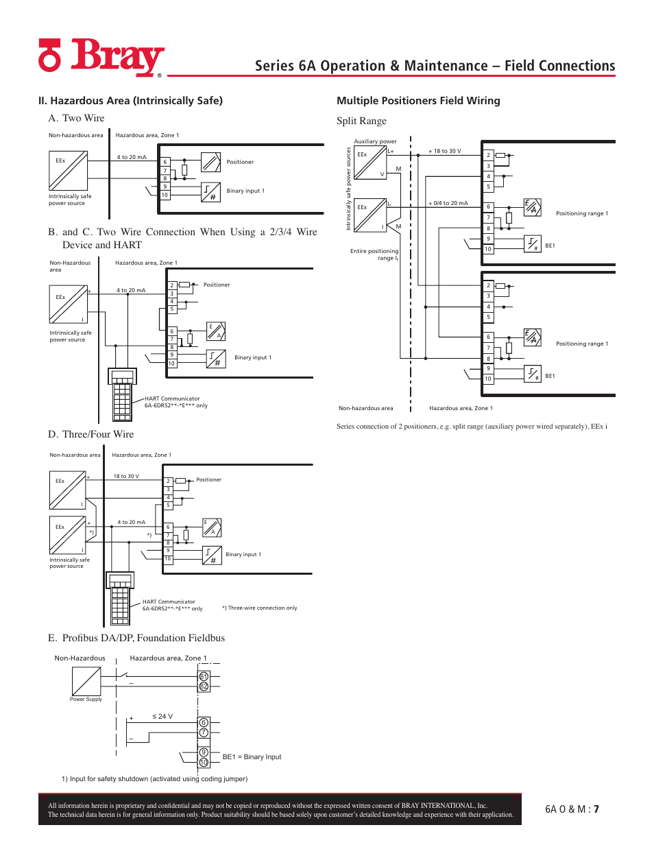 D. three/four wire, E. profibus da/dp, foundation fieldbus, Multiple positioners field wiring split range | Bray 6A Series O&M Manual User Manual | Page 7 / 42