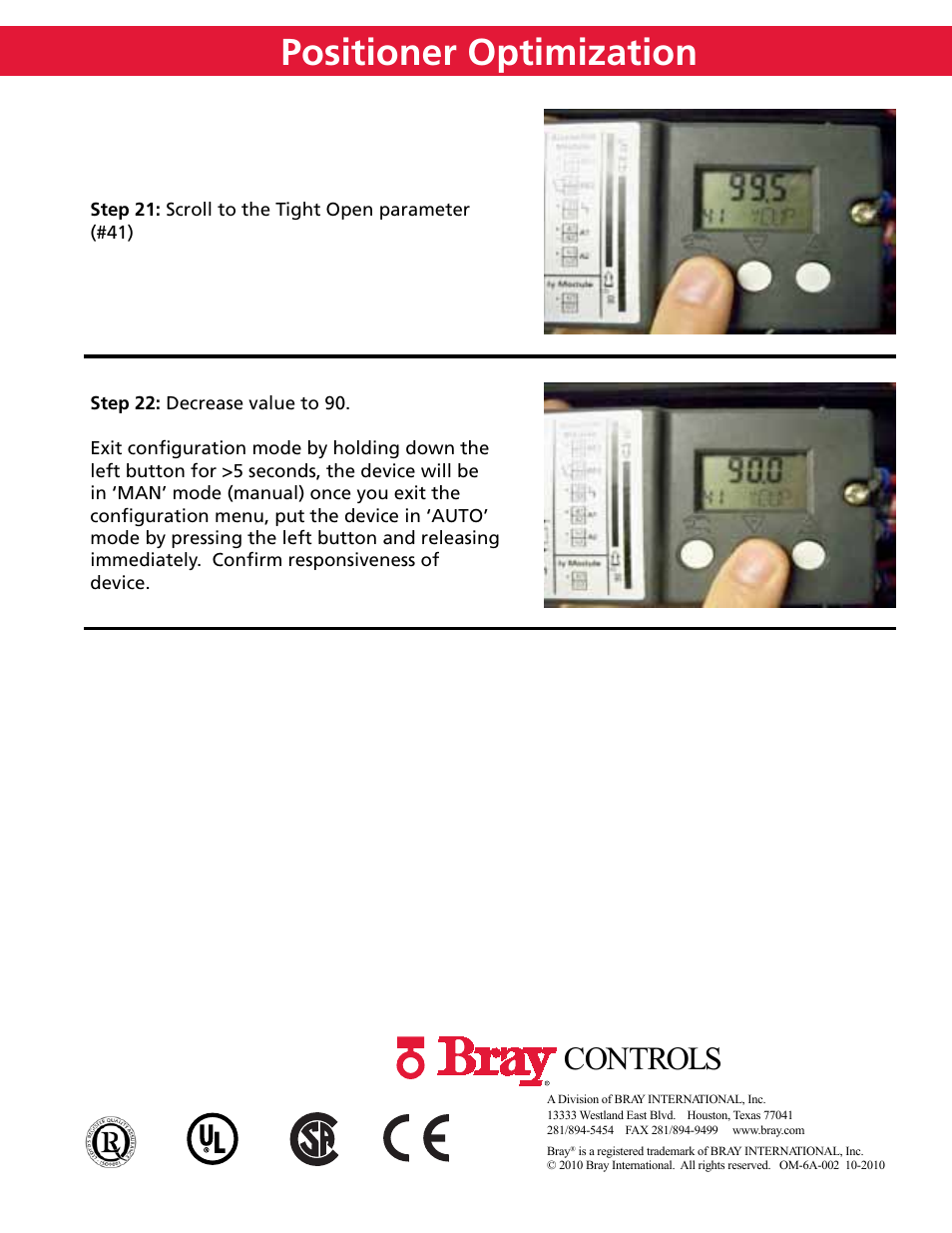 Positioner optimization, Controls | Bray 6A Series Quick Start User Manual | Page 10 / 10