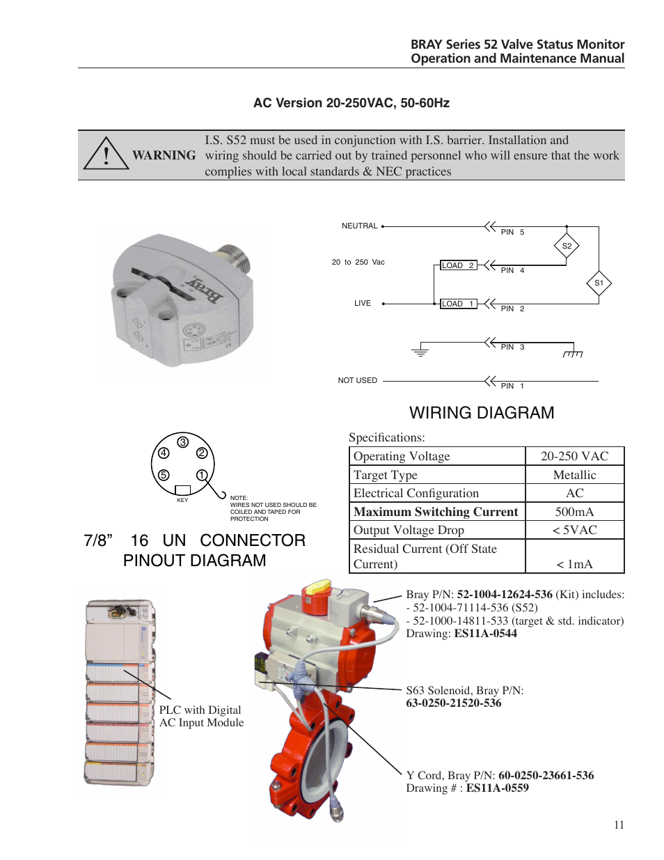 Wiring diagram, 7/8’’ 16 un connector pinout diagram | Bray 52 Series User Manual | Page 13 / 21