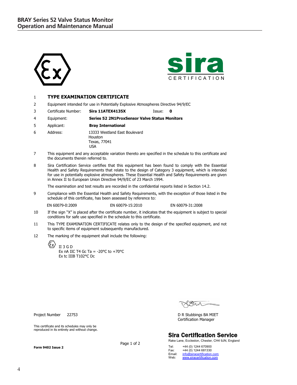 Sira certification service | Bray 52 Series User Manual | Page 6 / 21