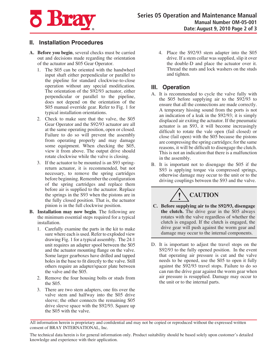 Series 05 operation and maintenance manual, Caution | Bray 5 Series User Manual | Page 2 / 3