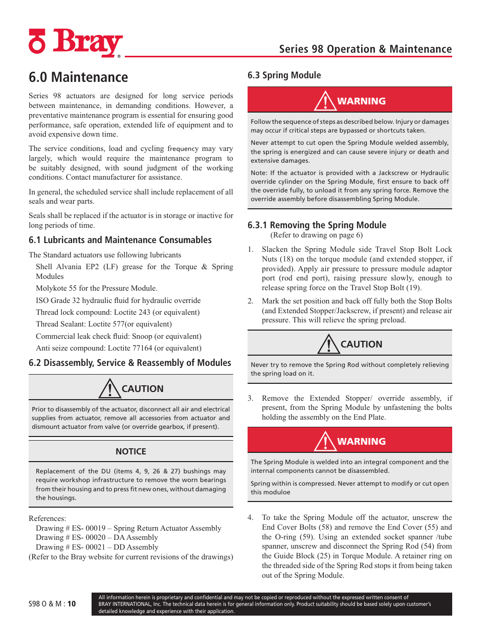 0 maintenance, Series 98 operation & maintenance | Bray 98 Series User Manual | Page 10 / 40