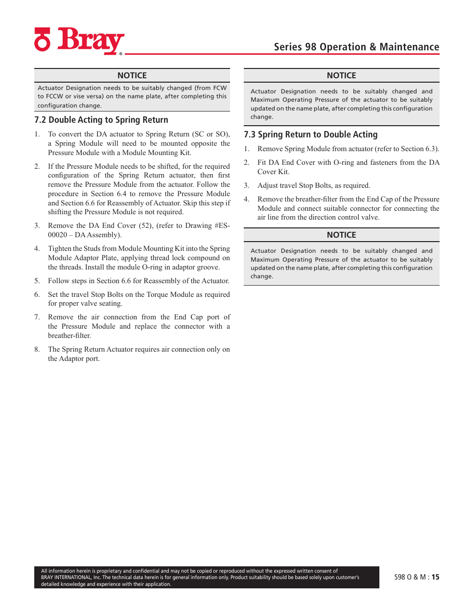 Series 98 operation & maintenance | Bray 98 Series User Manual | Page 15 / 40