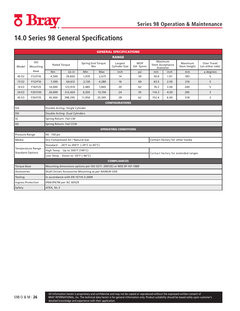 0 series 98 general specifications, Series 98 operation & maintenance, S98 o & m : 26 | Bray 98 Series User Manual | Page 26 / 40