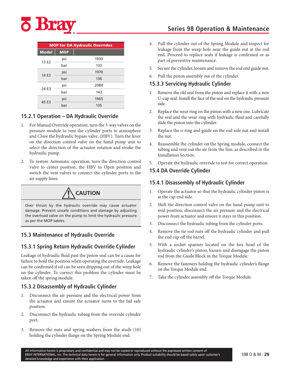 Series 98 operation & maintenance, 1 operation – da hydraulic override, Caution | 2 disassembly of hydraulic cylinder, 3 servicing hydraulic cylinder | Bray 98 Series User Manual | Page 29 / 40
