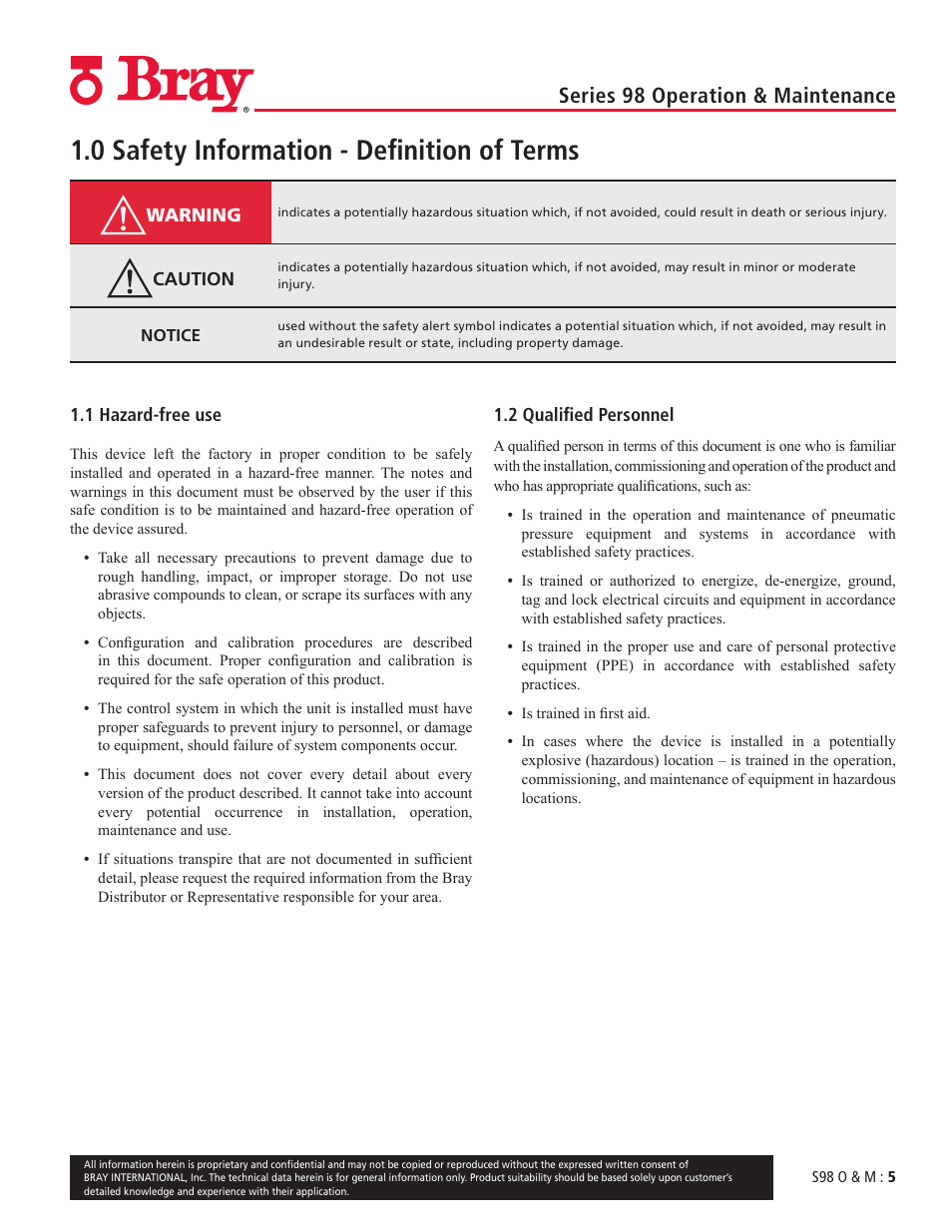 0 safety information - definition of terms, Series 98 operation & maintenance | Bray 98 Series User Manual | Page 5 / 40