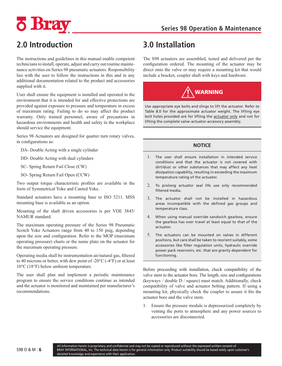 0 introduction, 0 installation, Series 98 operation & maintenance | Bray 98 Series User Manual | Page 6 / 40