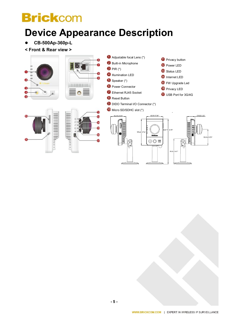Device appearance description | Brickcom CB-500A User Manual | Page 12 / 96