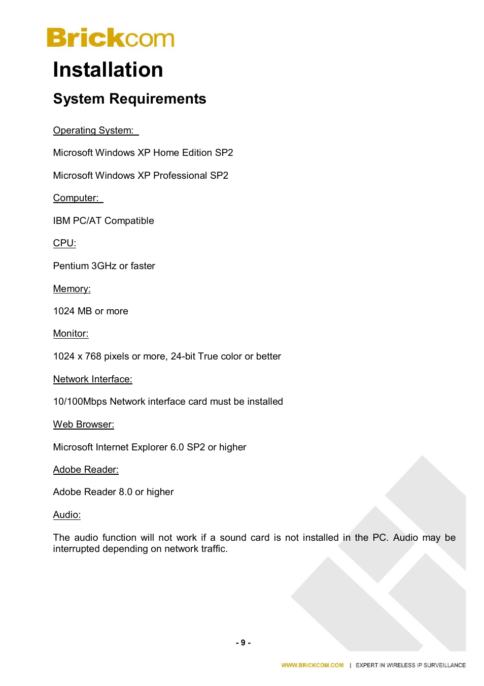 Installation, System requirements | Brickcom CB-500A User Manual | Page 16 / 96