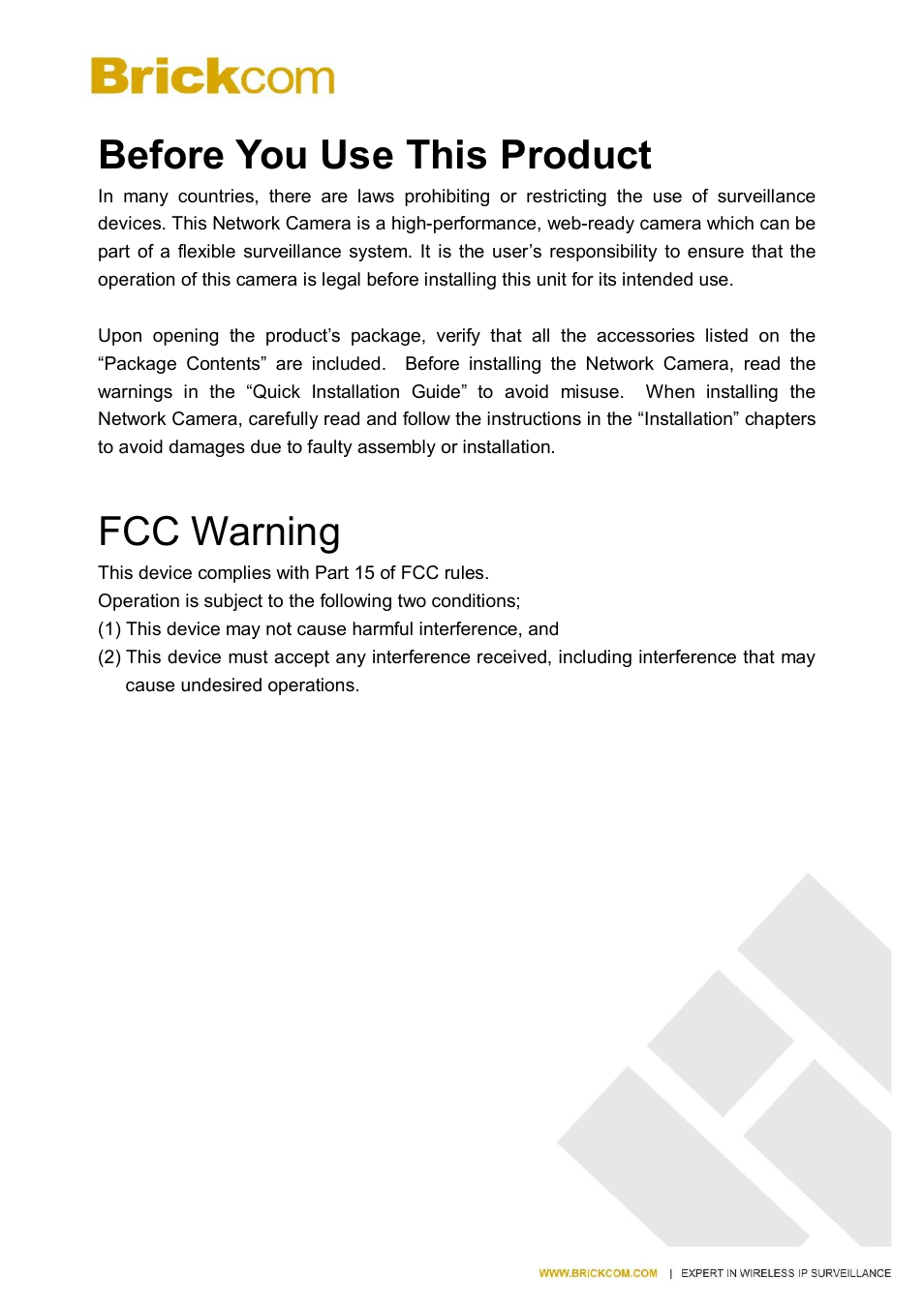 Before you use this product, Fcc warning | Brickcom CB-500A User Manual | Page 5 / 96