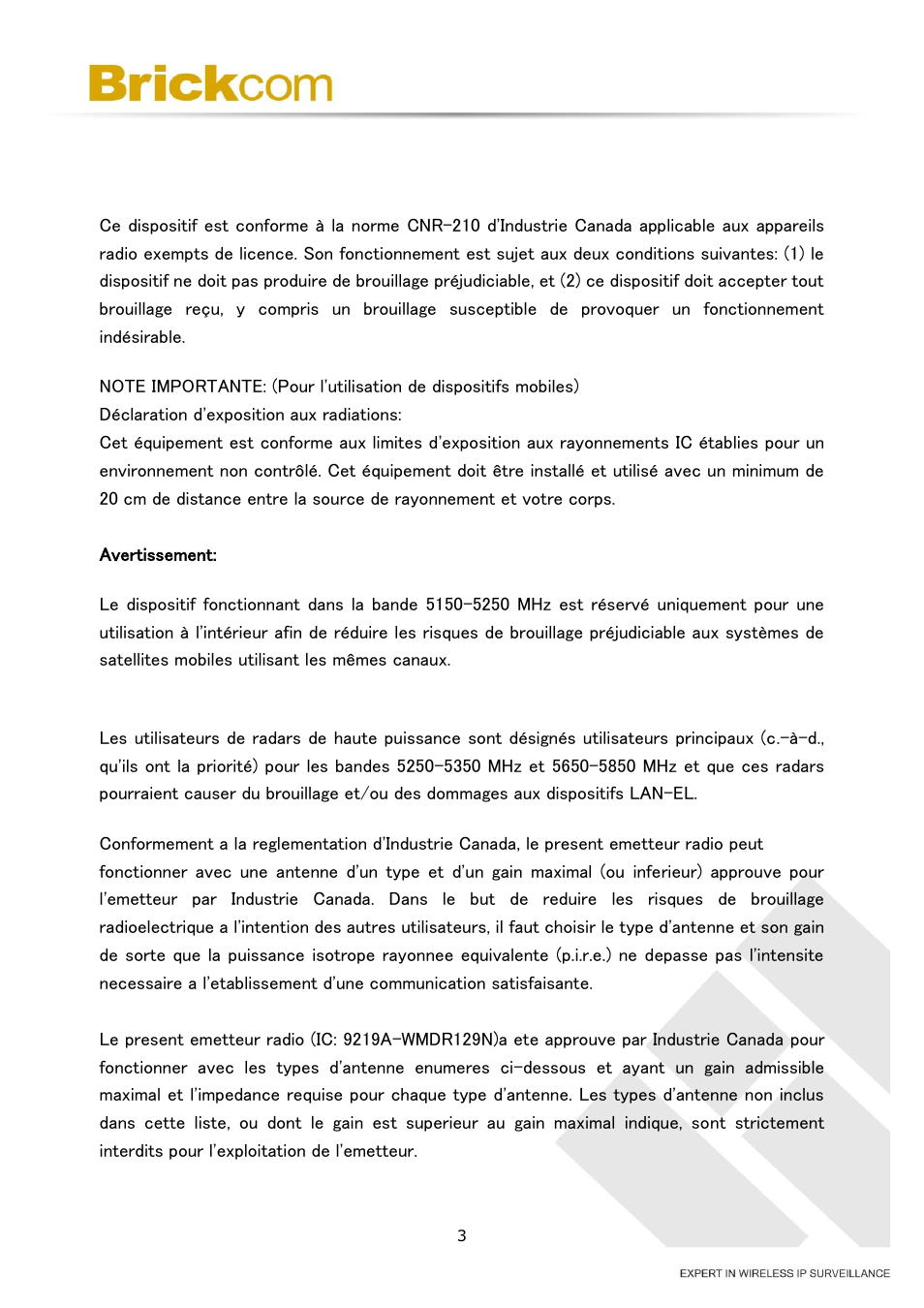Industry canada statement | Brickcom OB-v2-series User Manual | Page 6 / 43
