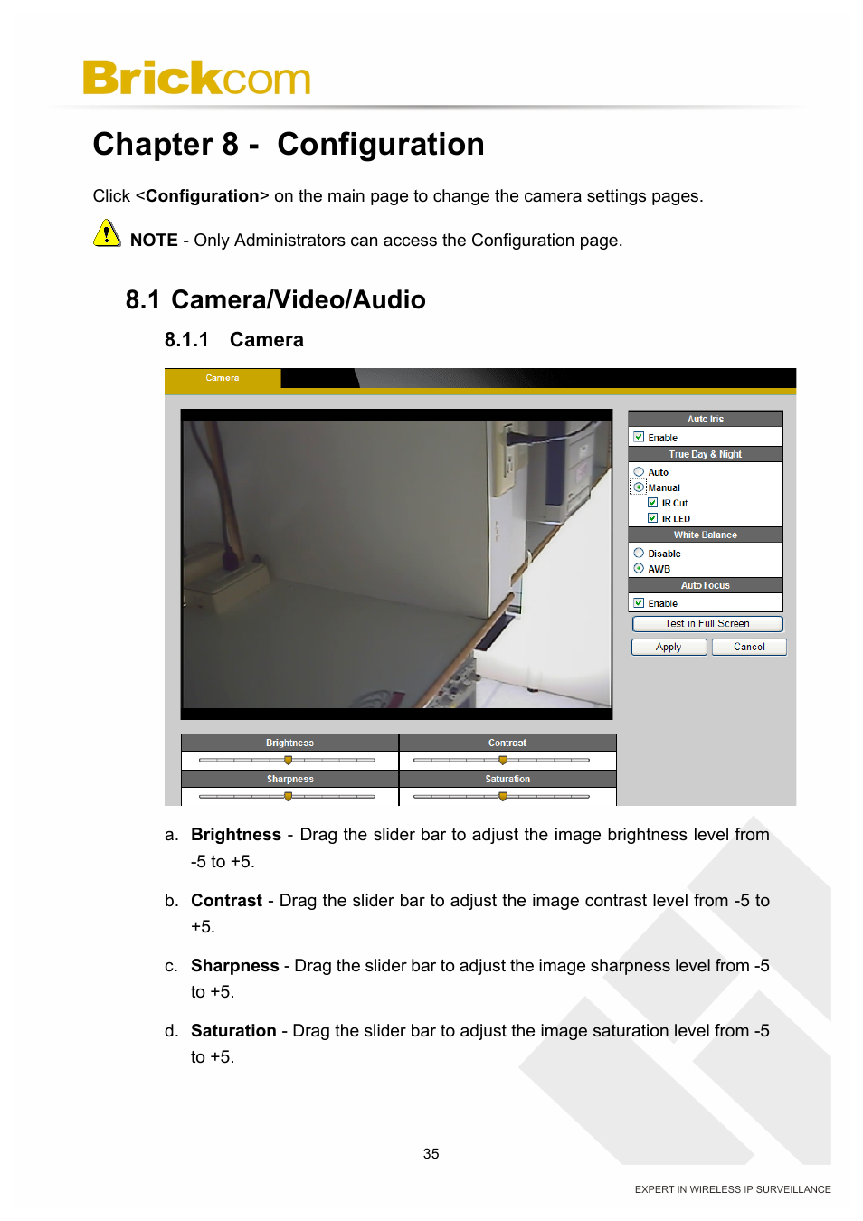 Chapter 8 - configuration, 1 camera/video/audio | Brickcom PZ-040 12x Series User Manual | Page 39 / 73