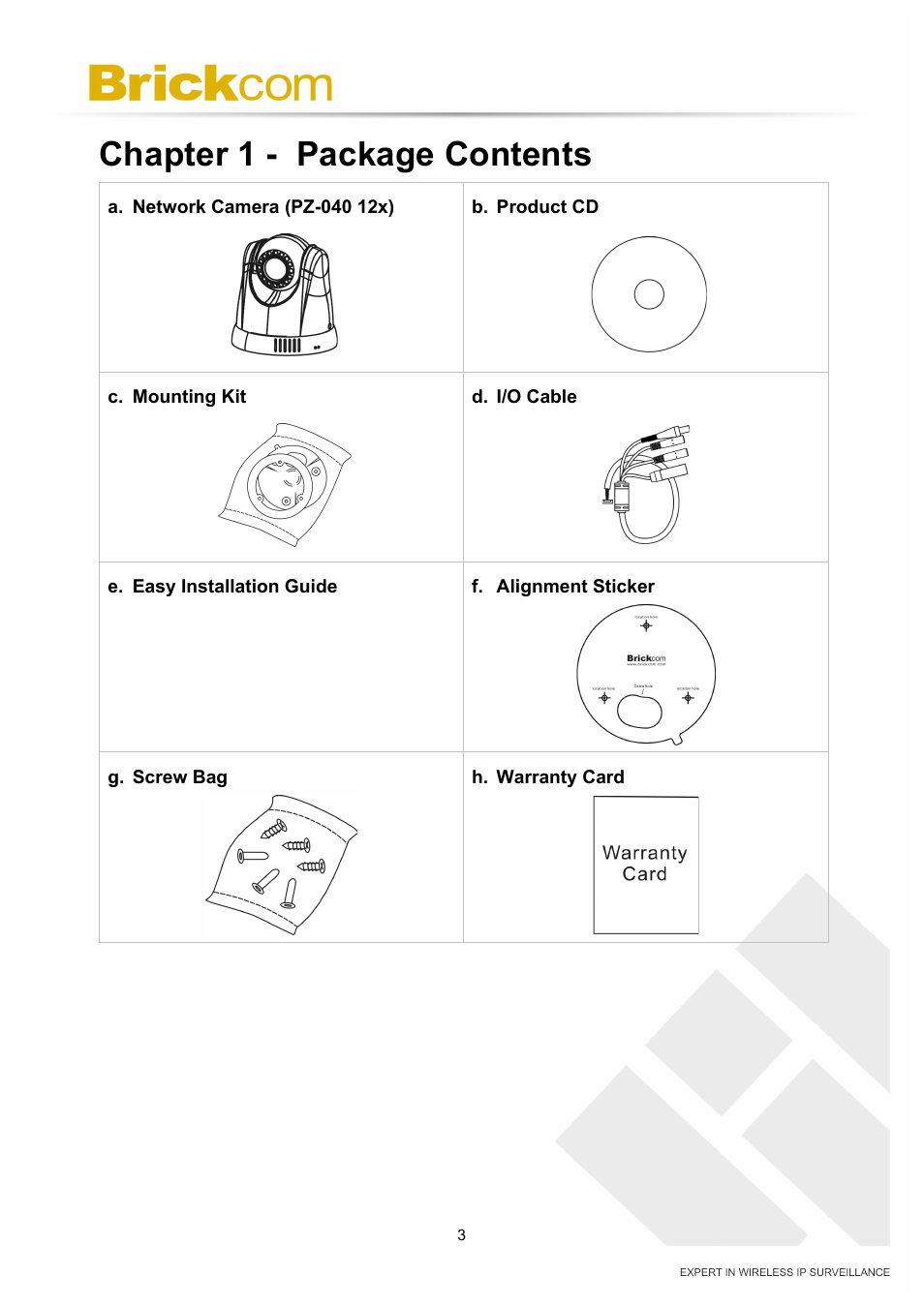 Chapter 1 - package contents | Brickcom PZ-040 12x Series User Manual | Page 7 / 73