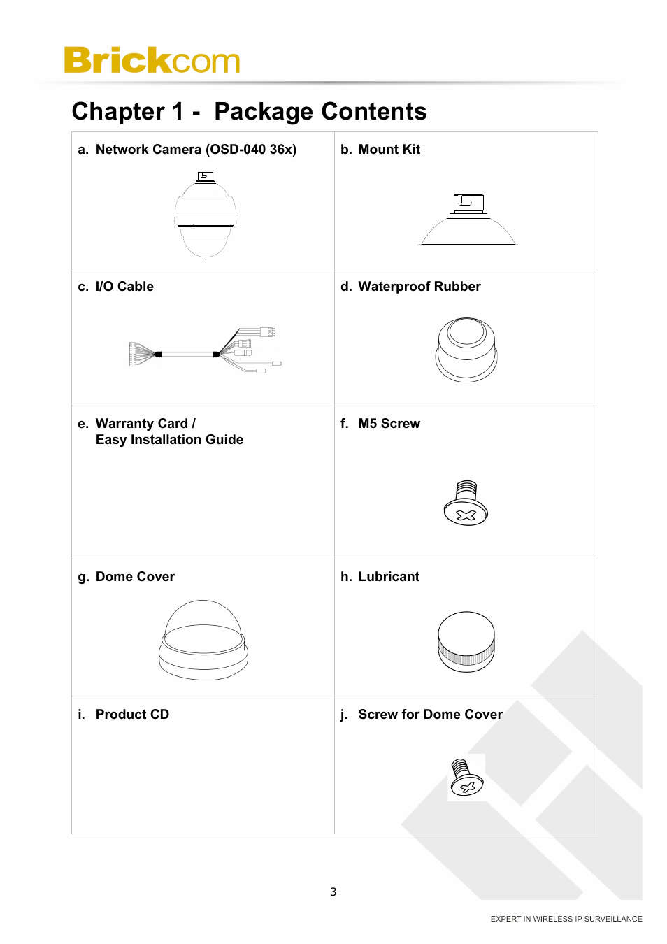 Chapter 1 - package contents | Brickcom OSD-040 36x Series User Manual | Page 7 / 74