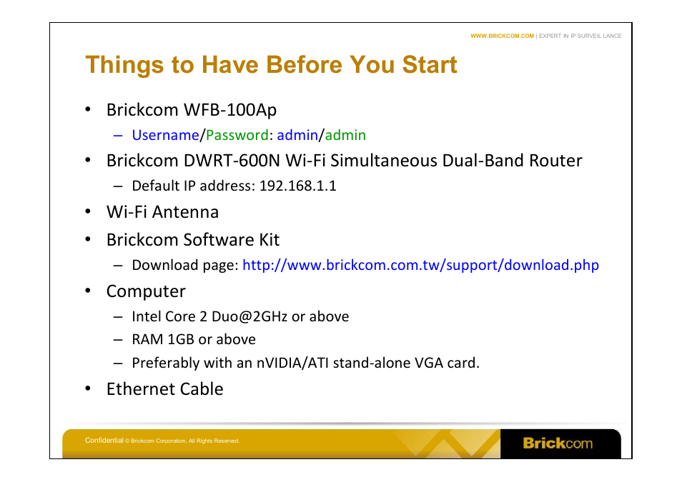 Things to have before you start, Brickcom wfb-100ap, Wi-fi antenna • brickcom software kit | Computer, Ethernet cable | Brickcom WFB-100Ap User Manual | Page 2 / 14