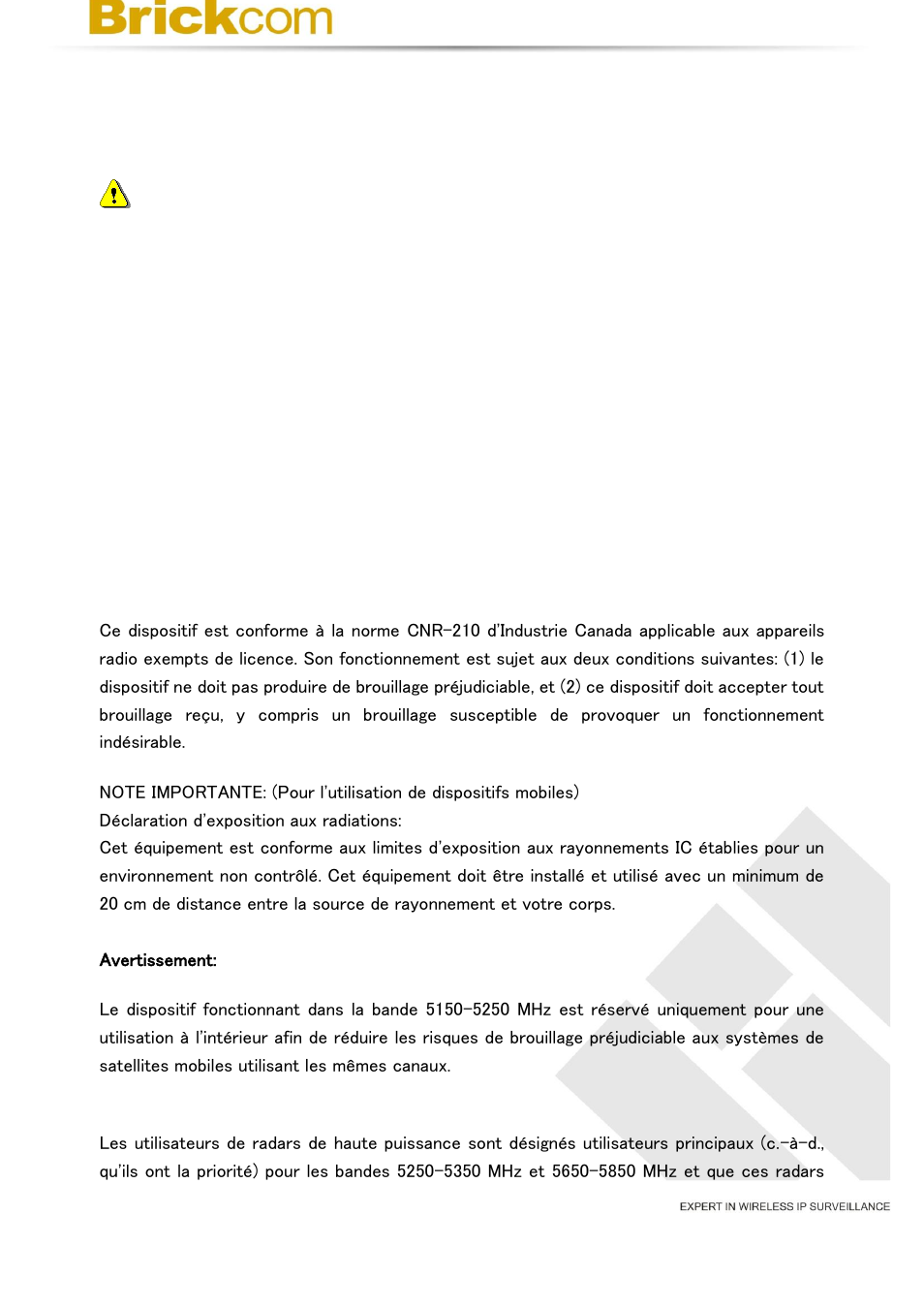Industry canada statement | Brickcom OB-500Af Series User Manual | Page 5 / 34