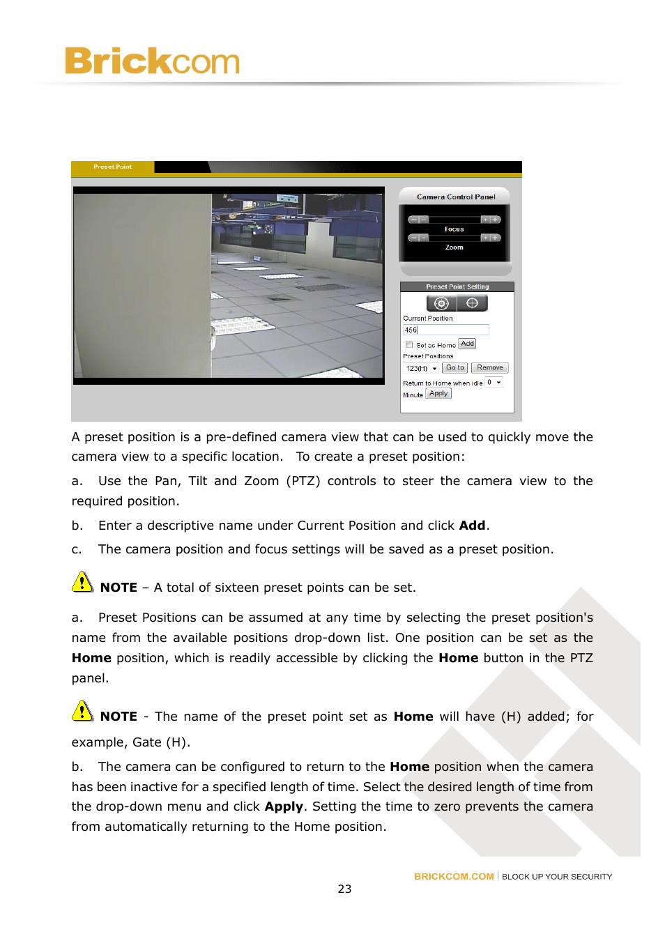 Camera control, Preset point | Brickcom Software Users Manual For Firmware release V3.2.x.x User Manual | Page 24 / 72