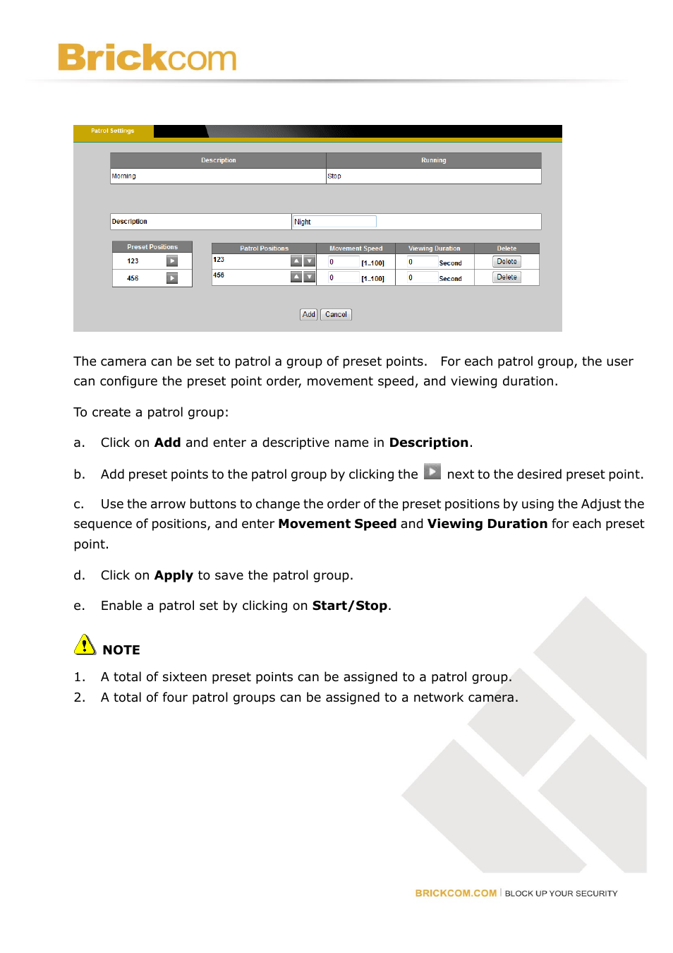 Patrol settings | Brickcom Software Users Manual For Firmware release V3.2.x.x User Manual | Page 26 / 72