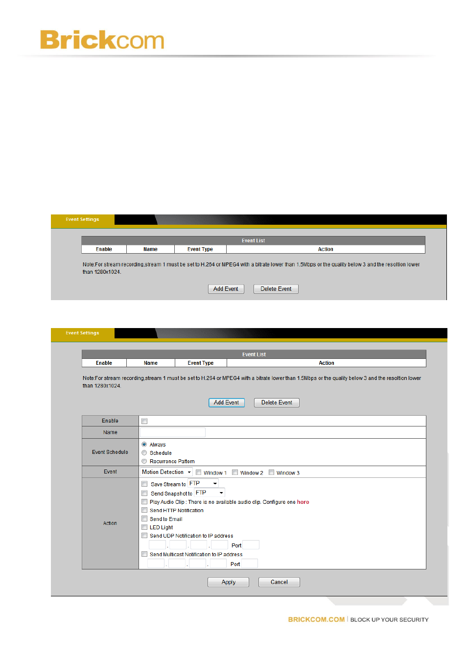Event, Event settings | Brickcom Software Users Manual For Firmware release V3.2.x.x User Manual | Page 44 / 72