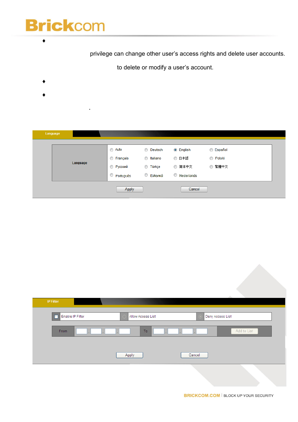 Language, Ip filter | Brickcom Software Users Manual For Firmware release V3.2.x.x User Manual | Page 69 / 72