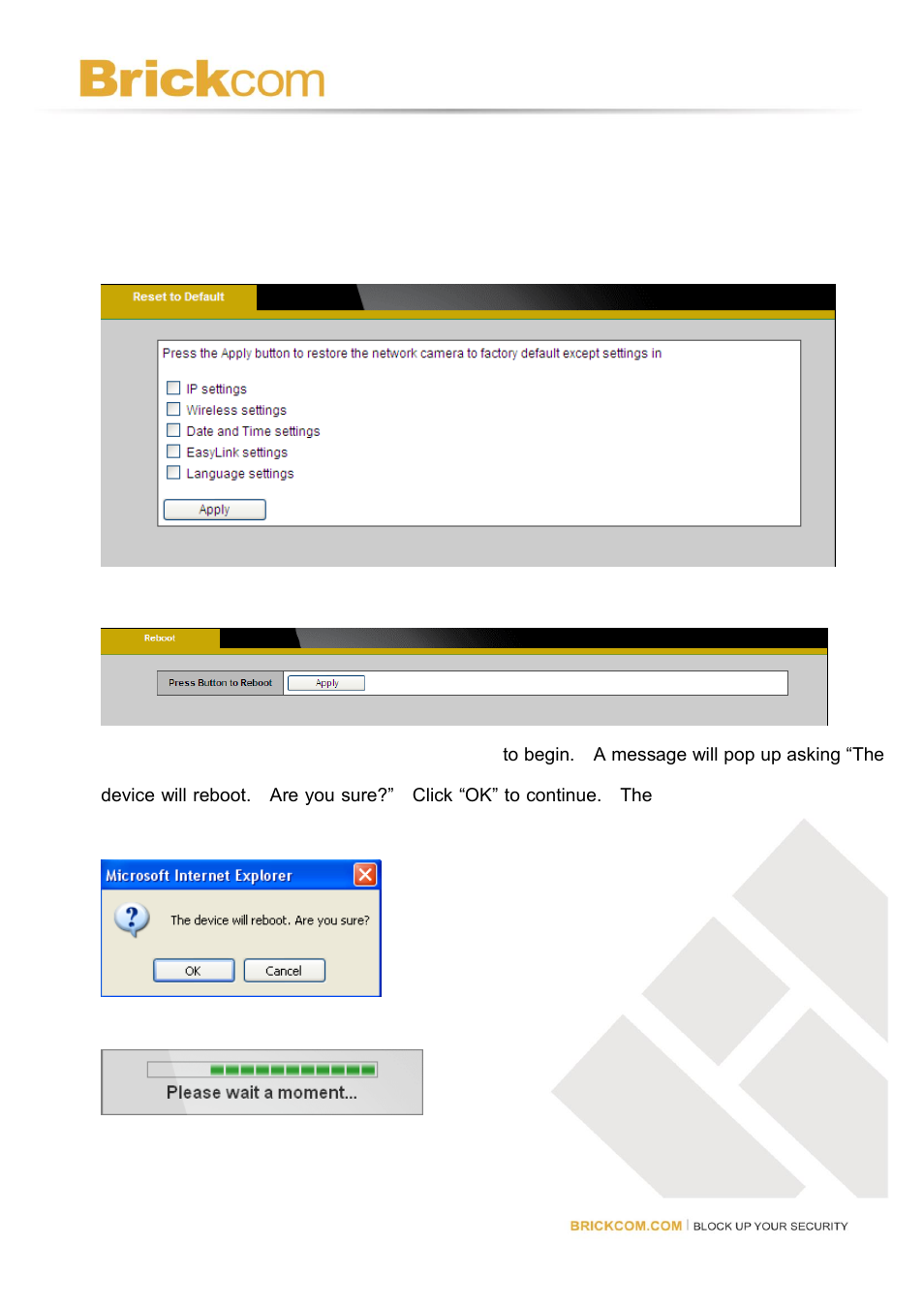 Reset to default, Reboot | Brickcom Software Users Manual For Firmware release V3.2.x.x User Manual | Page 72 / 72