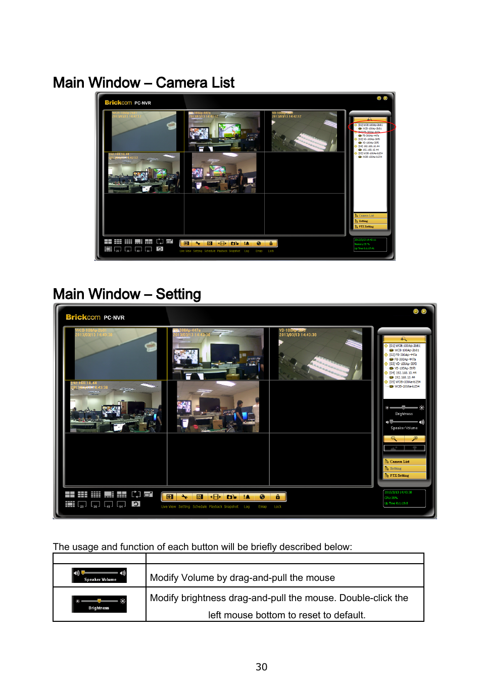 Main window – camera list main window – setting | Brickcom BRC-64 User Manual | Page 30 / 99