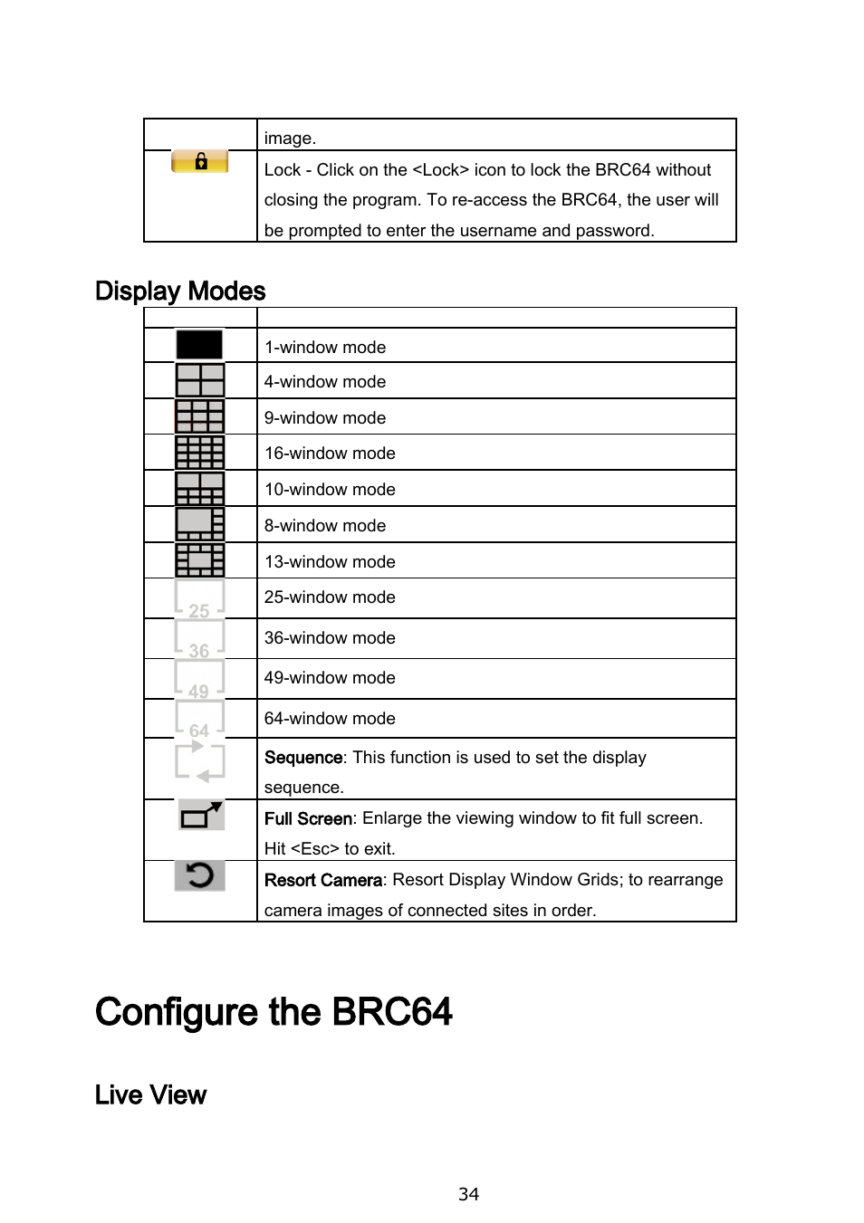 Configure the brc64, Display modes, Live view | Brickcom BRC-64 User Manual | Page 34 / 99