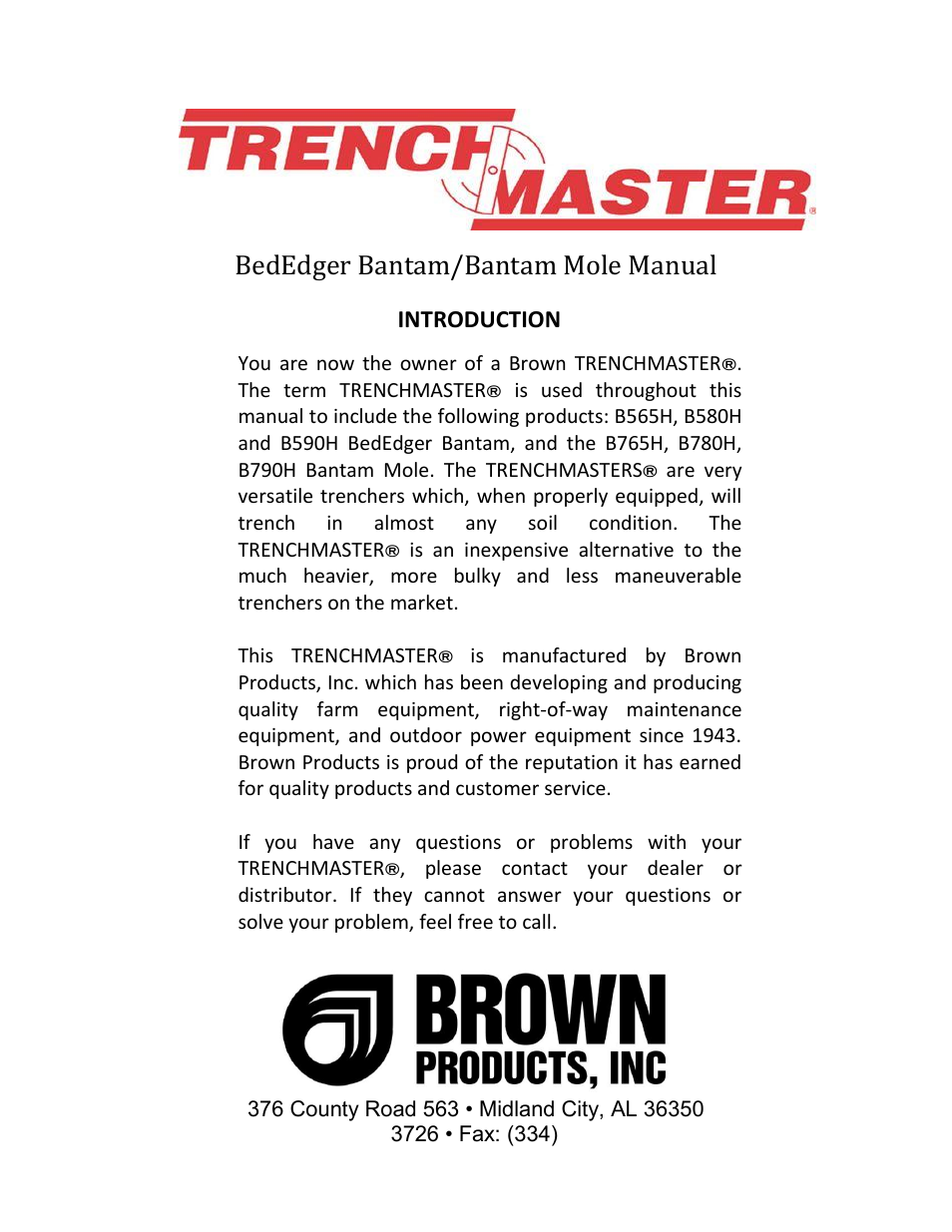 Bededger bantam/bantam mole manual, Introduction | Brown Products BedEdger Bantam _ Bantam Mole (B565H, B580H, B590H, B765H, B780H, B790H) User Manual | Page 2 / 24