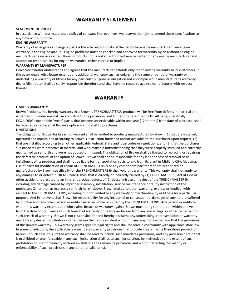 Warranty statement, Warranty | Brown Products BedEdger Bantam _ Bantam Mole (B565H, B580H, B590H, B765H, B780H, B790H) User Manual | Page 4 / 24