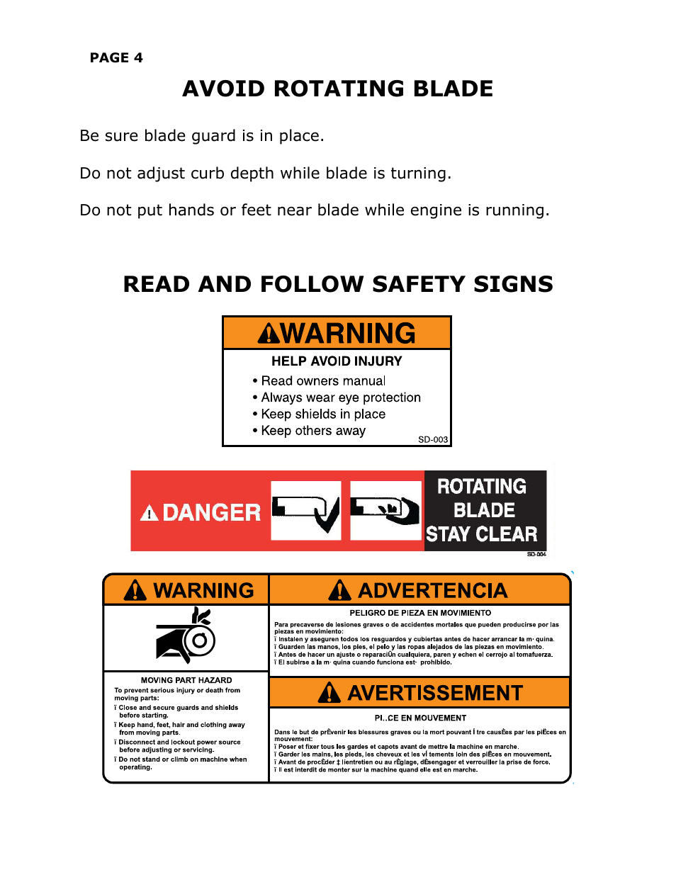 Avoid rotating blade, Read and follow safety signs | Brown Products EdgeMaster (E-104H, E-104H5.5) User Manual | Page 8 / 25