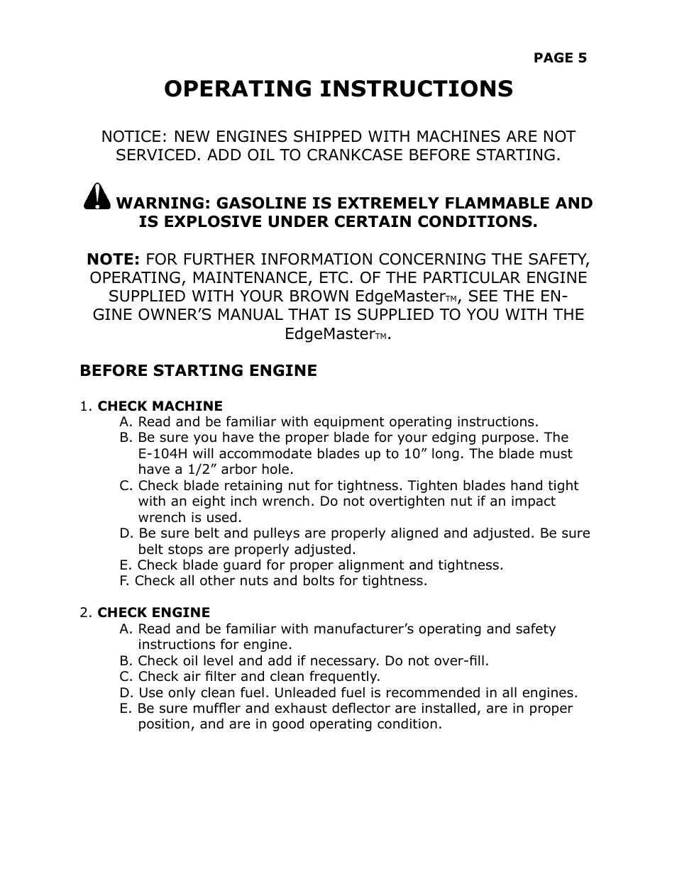Operating instructions | Brown Products EdgeMaster (E-104H, E-104H5.5) User Manual | Page 9 / 25