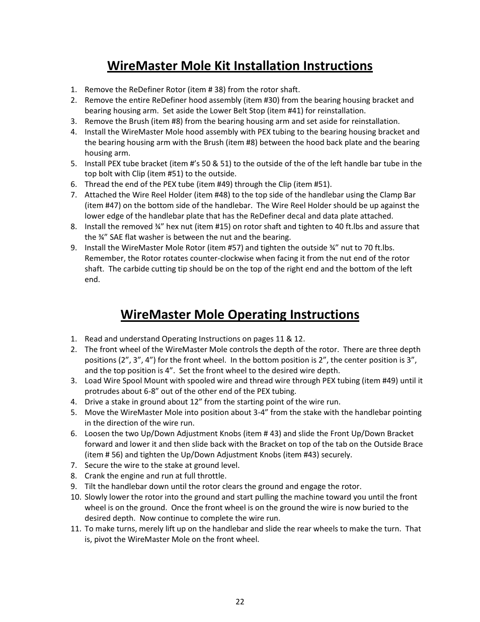 Wiremaster mole kit installation instructions, Wiremaster mole operating instructions | Brown Products ReDefiner _ Wiremaster MOLE (R450H, R450HA, R460HA) User Manual | Page 22 / 24