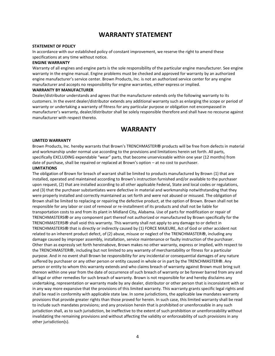 Warranty statement, Warranty | Brown Products ReDefiner _ Wiremaster MOLE (R450H, R450HA, R460HA) User Manual | Page 4 / 24