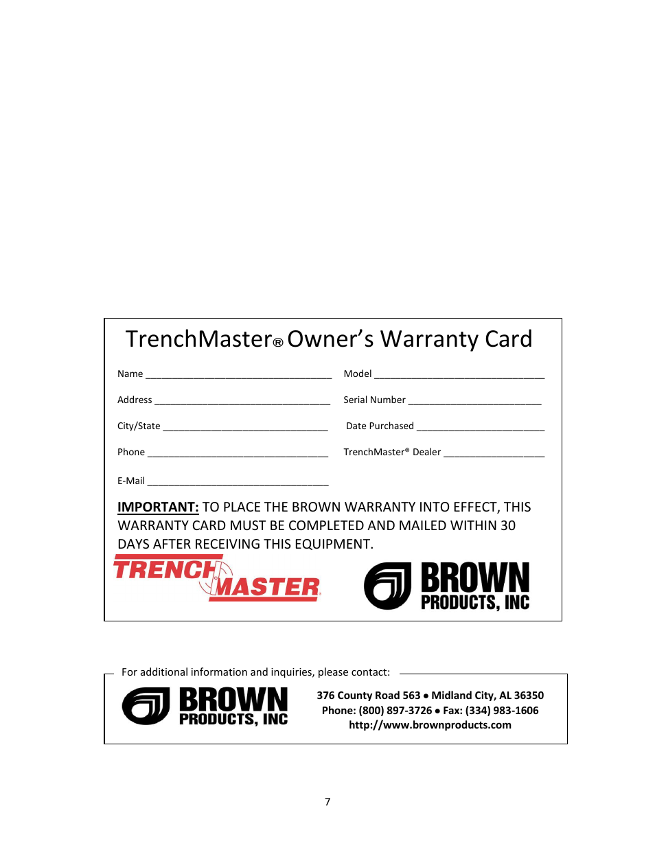 Trenchmaster, Owner’s warranty card | Brown Products ReDefiner _ Wiremaster MOLE (R450H, R450HA, R460HA) User Manual | Page 7 / 24