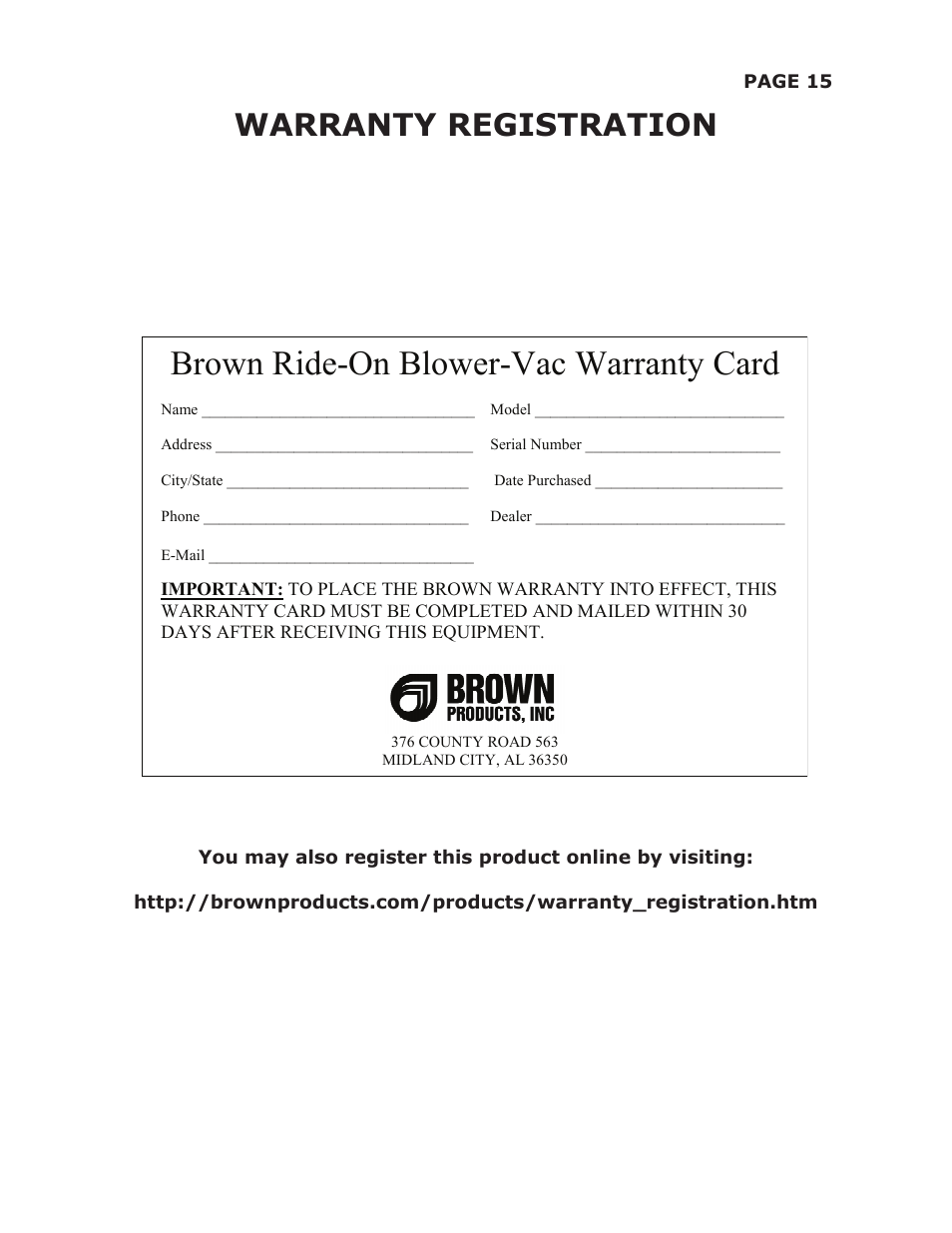 Brown ride-on blower-vac warranty card, Warranty registration | Brown Products Ride-On Blower-Vac (BVZ4000H, BVZ4000SD) User Manual | Page 19 / 38