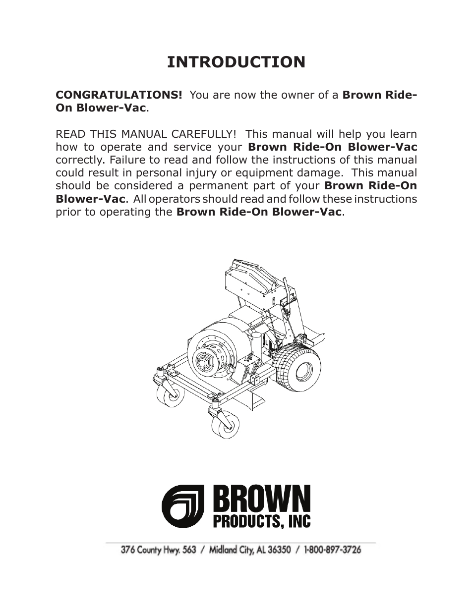 Introduction | Brown Products Ride-On Blower-Vac (BVZ4000H, BVZ4000SD) User Manual | Page 2 / 38