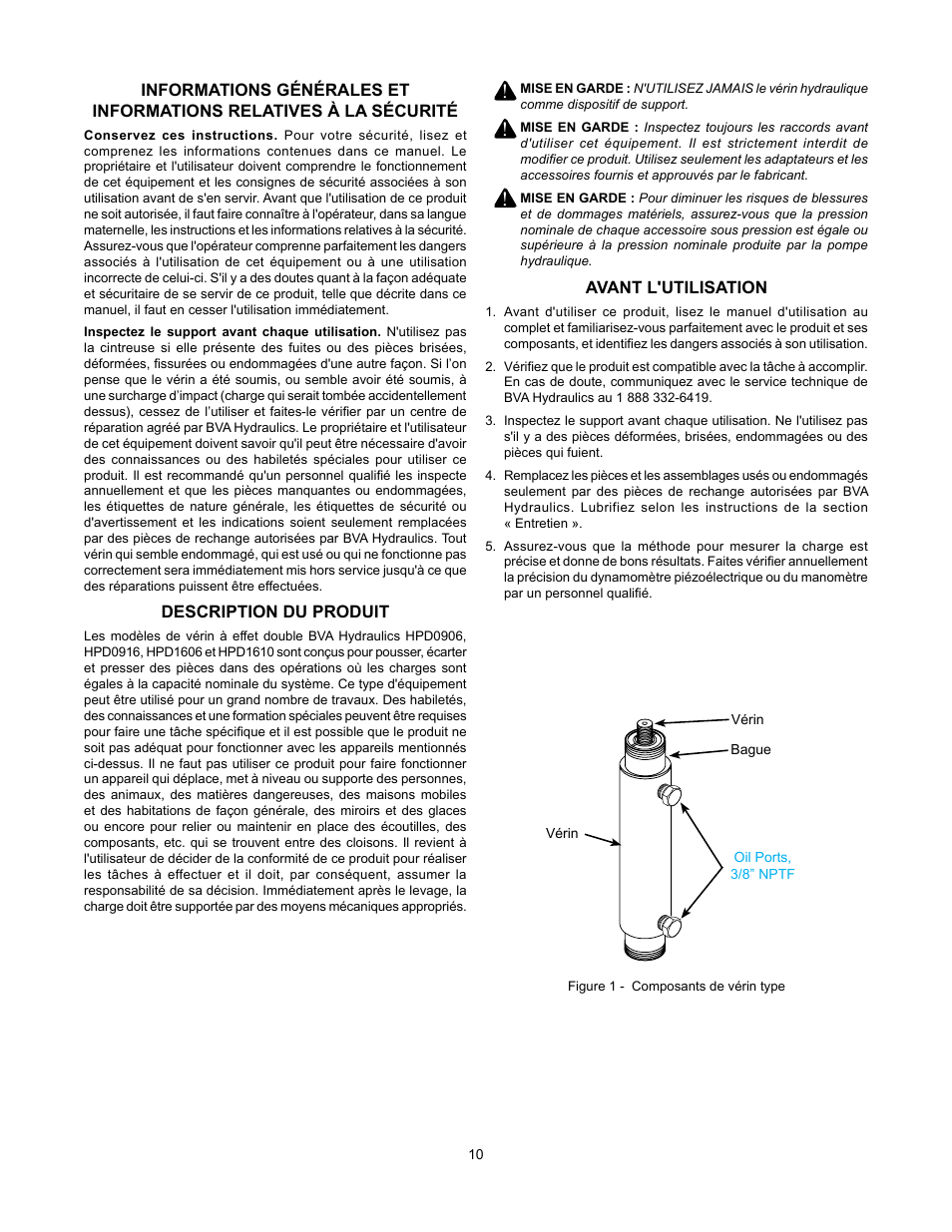 Description du produit, Avant l'utilisation | BVA Hydraulics HPD1610 User Manual | Page 10 / 24