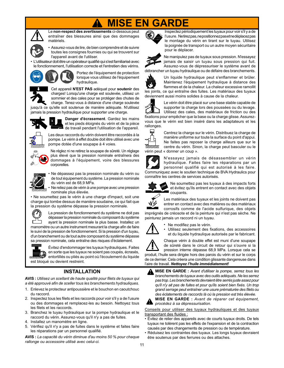 Mise en garde, Installation | BVA Hydraulics HPD1610 User Manual | Page 11 / 24