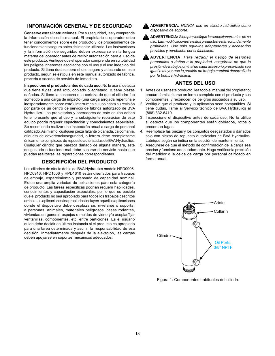 Información general y de seguridad, Descripción del producto, Antes del uso | BVA Hydraulics HPD1610 User Manual | Page 18 / 24